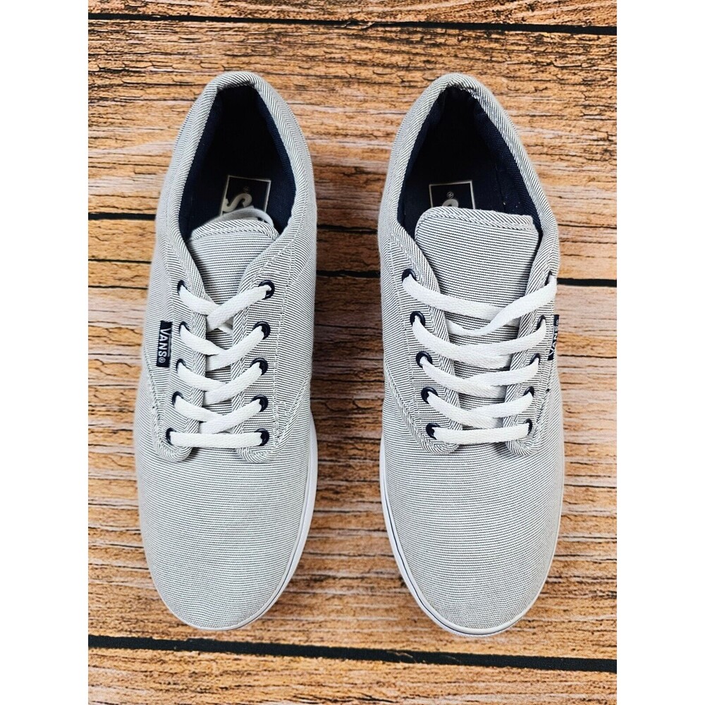 Vans Womens 8 Low Top Sneakers Shoes White Blue Striped Canvas Lace Up EUC